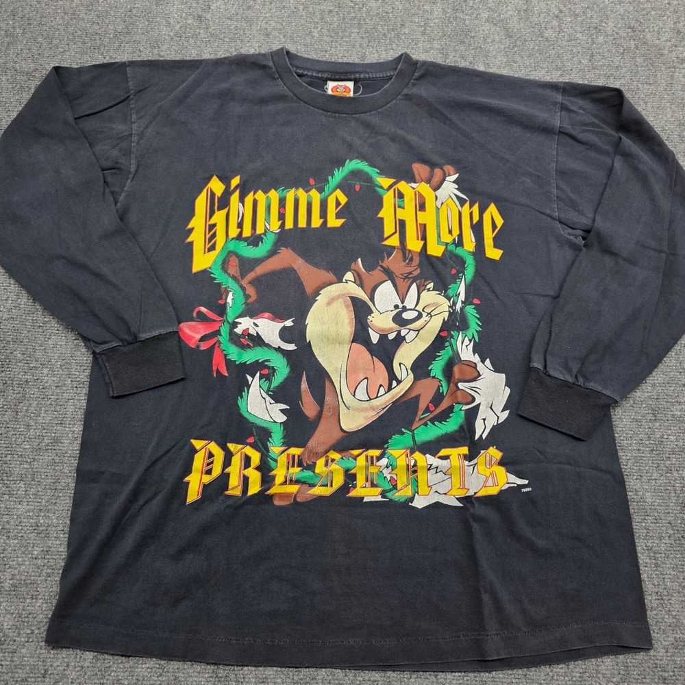 Vintage Looney Tunes Tasmanian Devil Christmas Long Sleeve Shirt Men Large Black